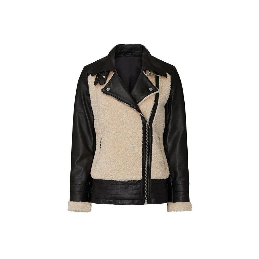 Slate & Willow Women's Black & Cream Faux Sherpa Aviator Leather Moto Jacket XS - Picture 5 of 13